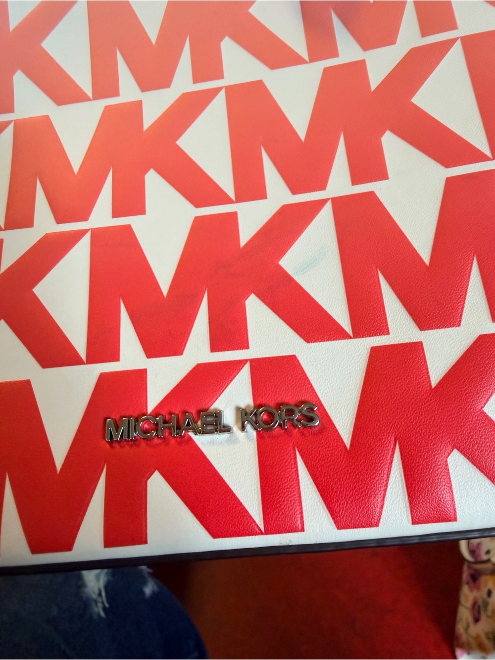 Michael Kors White & Coral Logo Tote with Silver Plaque